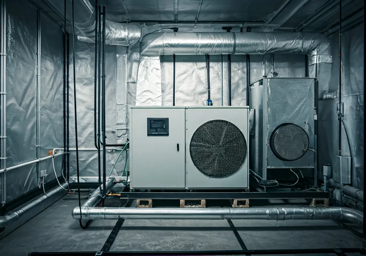 A modern HVAC system in a cannabis cultivation facility. 35mm stock photo
