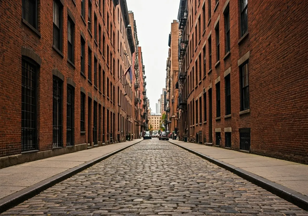 Cobblestone streets with historic brick buildings in Tribeca. 35mm stock photo
