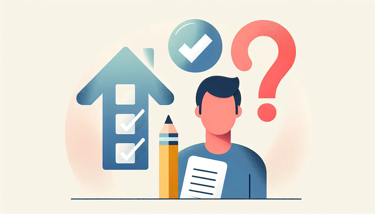 Draw a graphic in flat design style. An illustration of a person holding a checklist, with icons of a house, a pencil, and a question mark floating around them, in a minimalist flat design style.