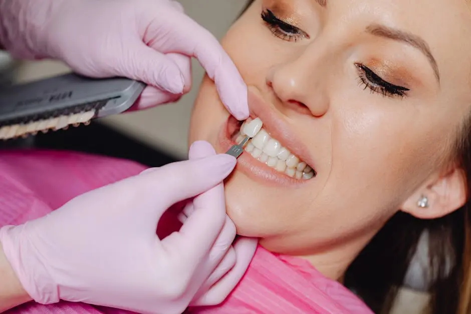 Close-up of a dental veneer being applied to a woman&rsquo;s teeth at a clinic.