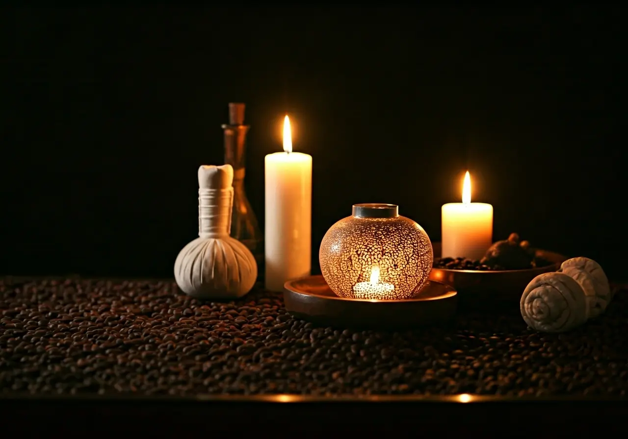 A serene spa setting with elegant decor and candles. 35mm stock photo
