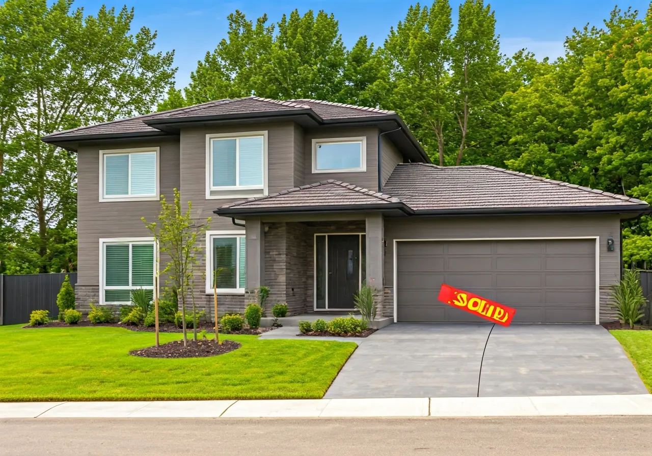 A modern house with a Sold sign in front yard. 35mm stock photo