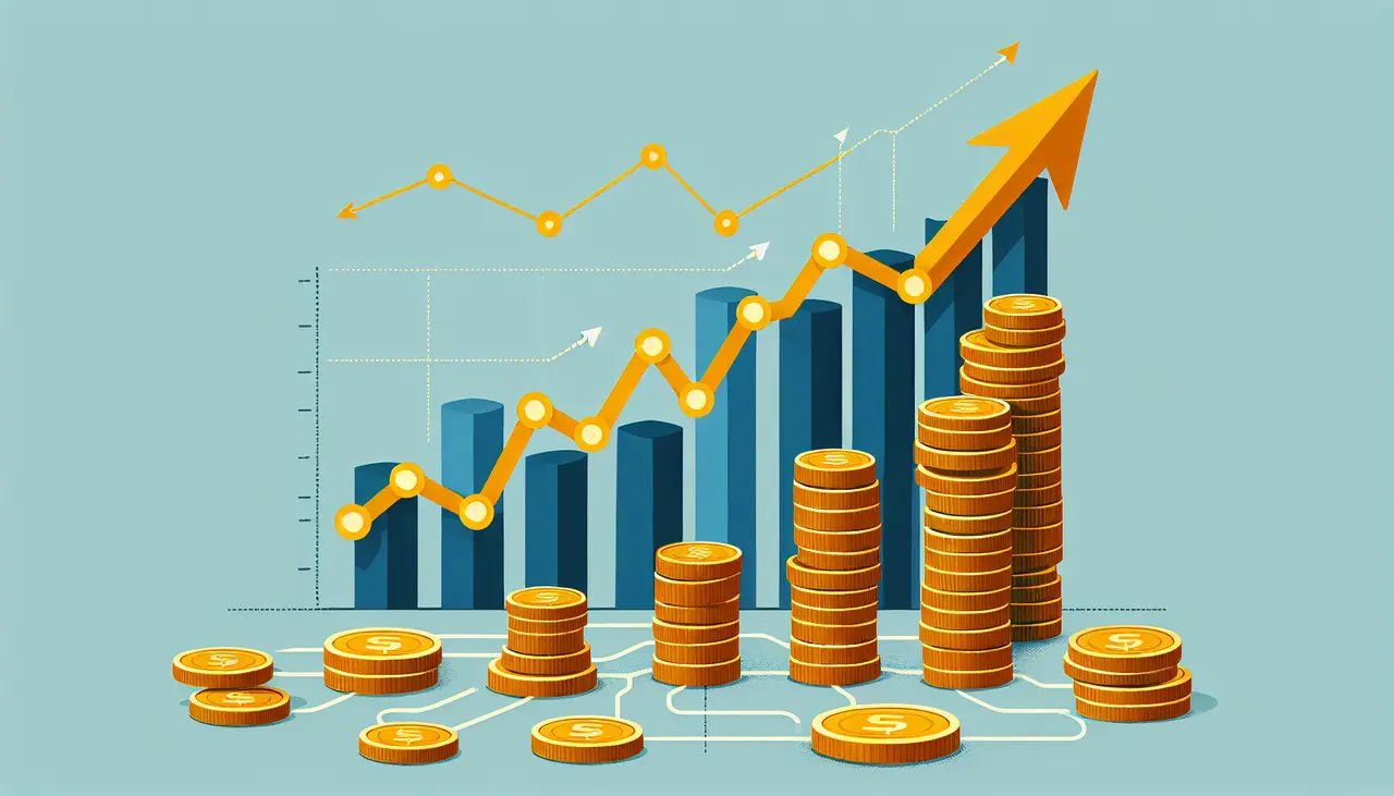 Draw a graphic in flat design style. A flat design illustration of a stack of coins growing into a bar chart with arrows pointing upwards, symbolizing financial growth and strategy.