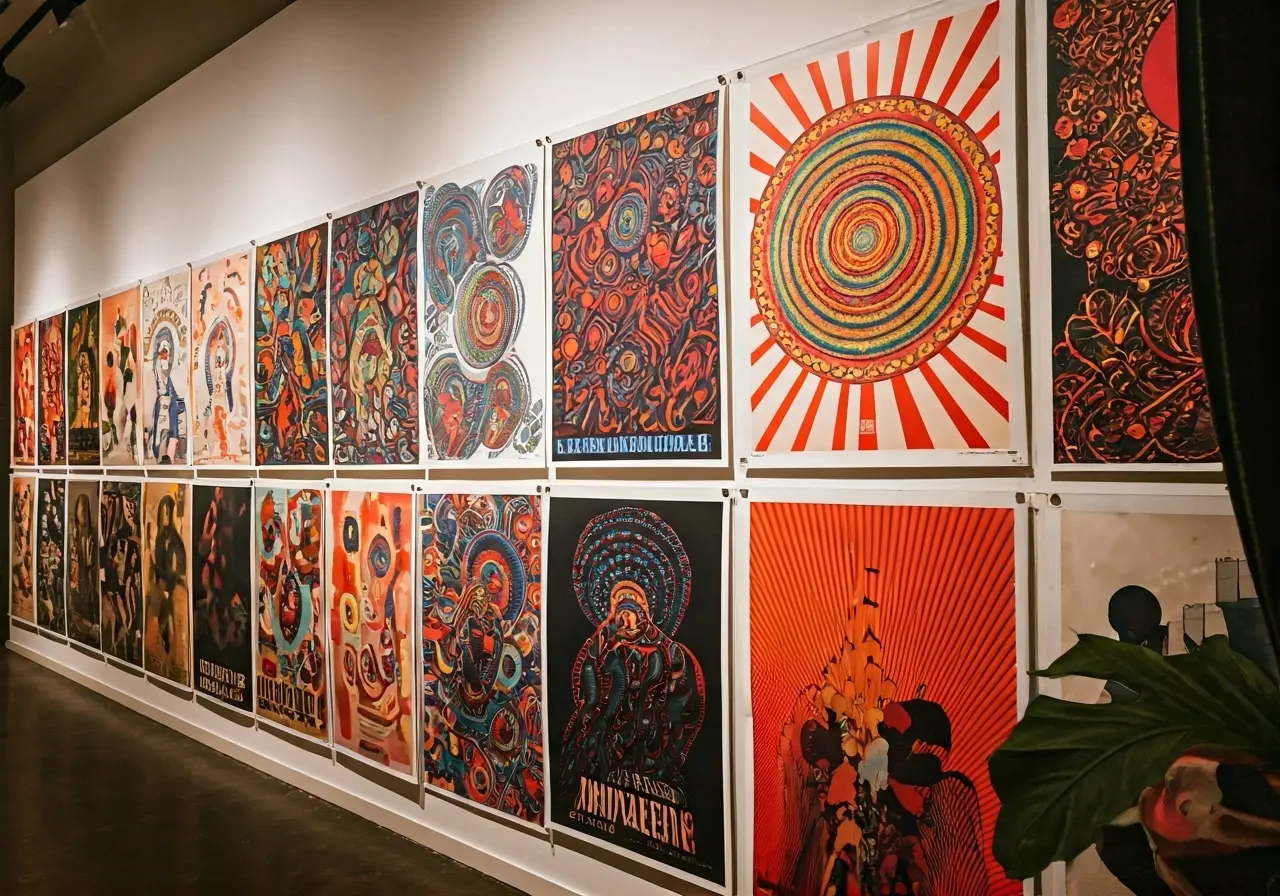 An array of vibrant, abstract art posters displayed on a wall. 35mm stock photo