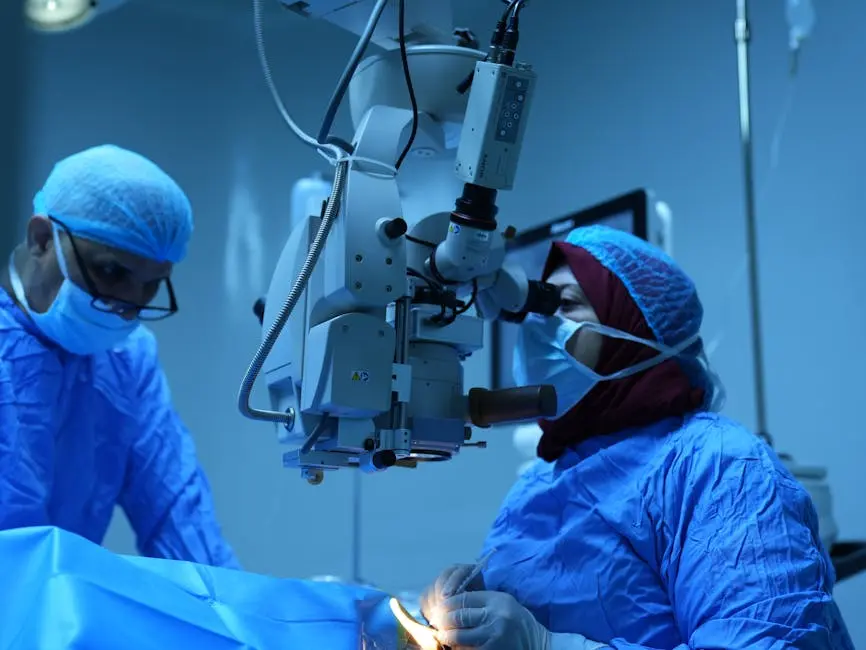 Surgeons performing intricate eye surgery using advanced equipment in a sterile operating room.