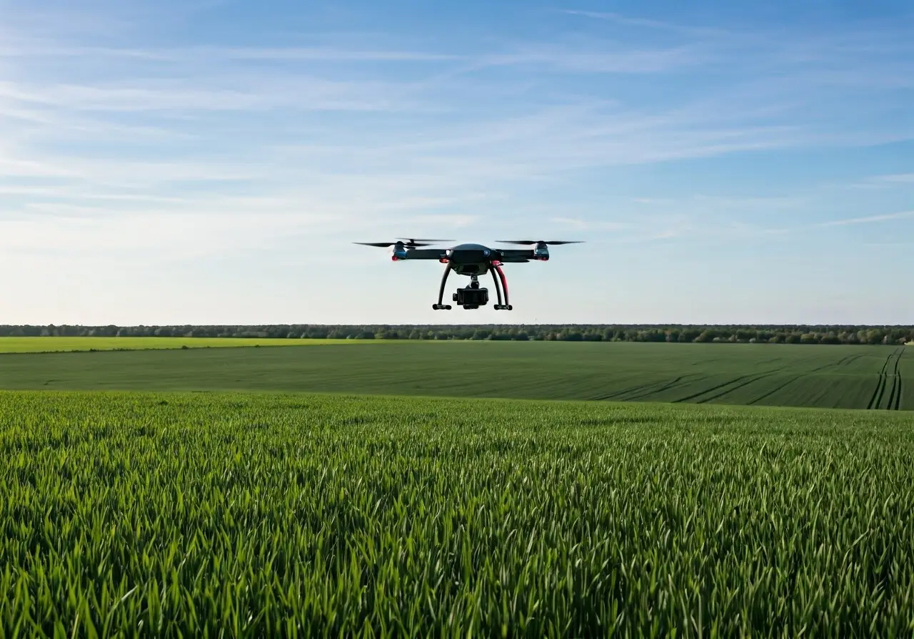 A drone above vast farmland with high-tech equipment attached. 35mm stock photo
