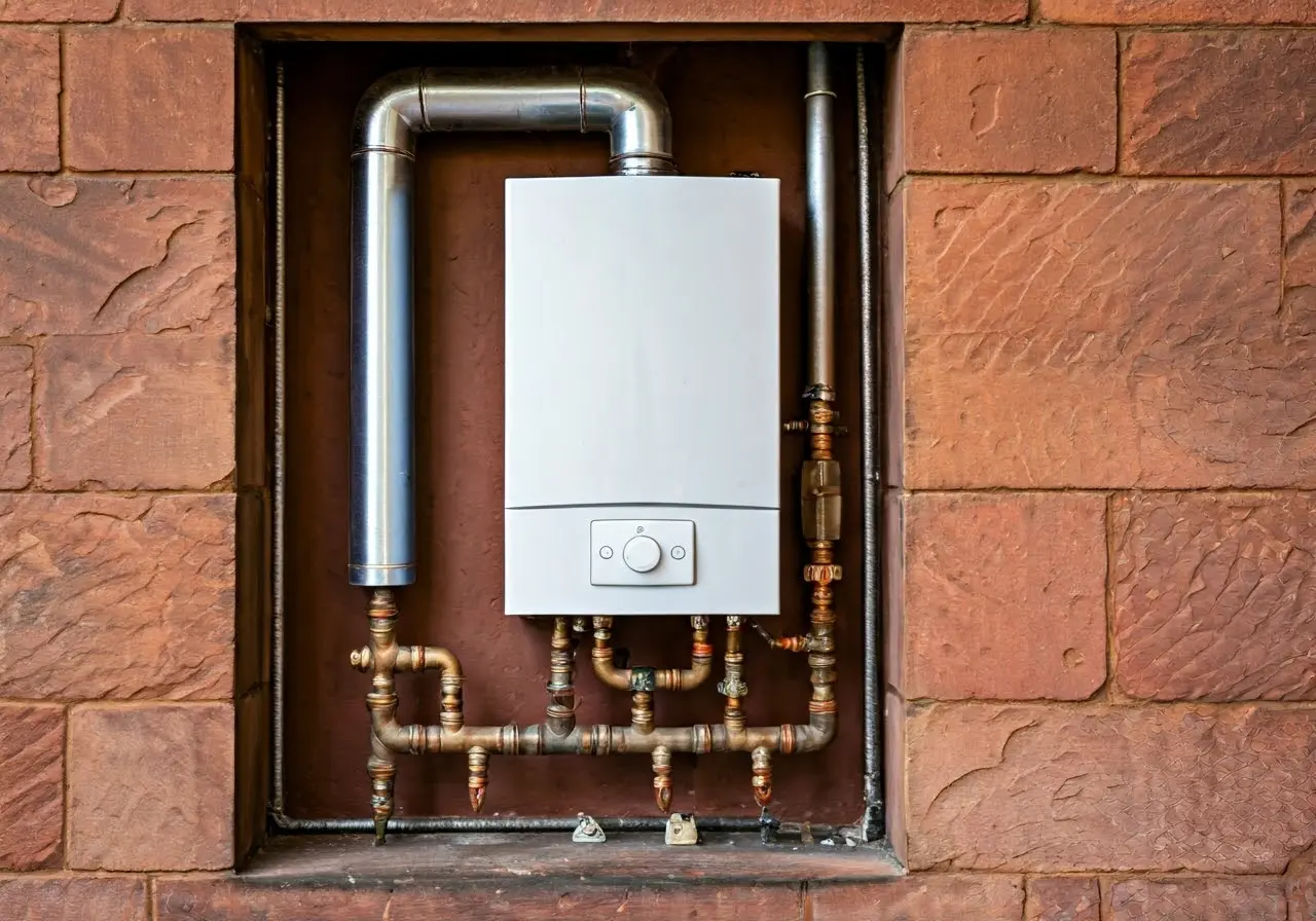 A modern gas boiler installed in a cozy Glasgow home. 35mm stock photo