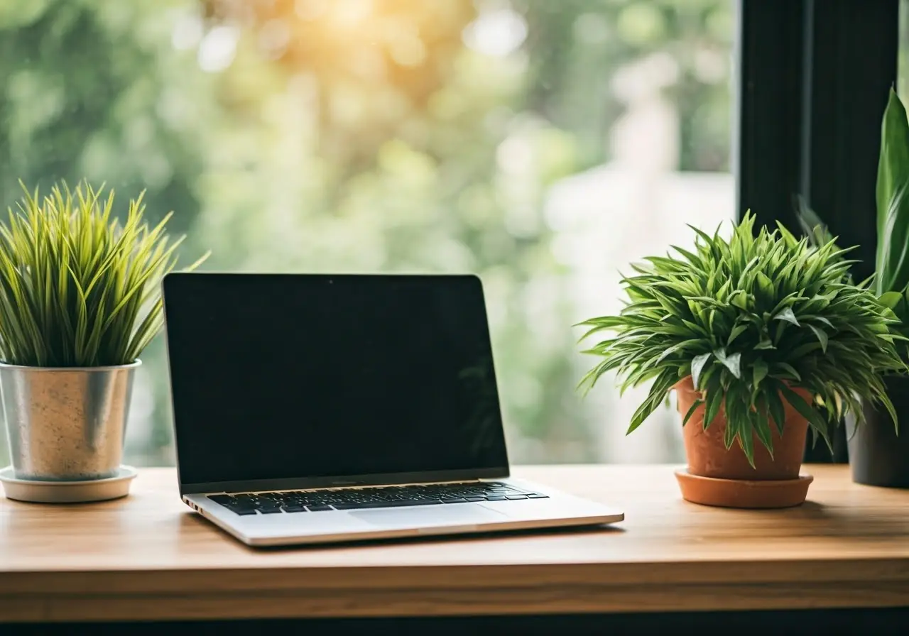 A serene home office setup with a laptop and plants. 35mm stock photo