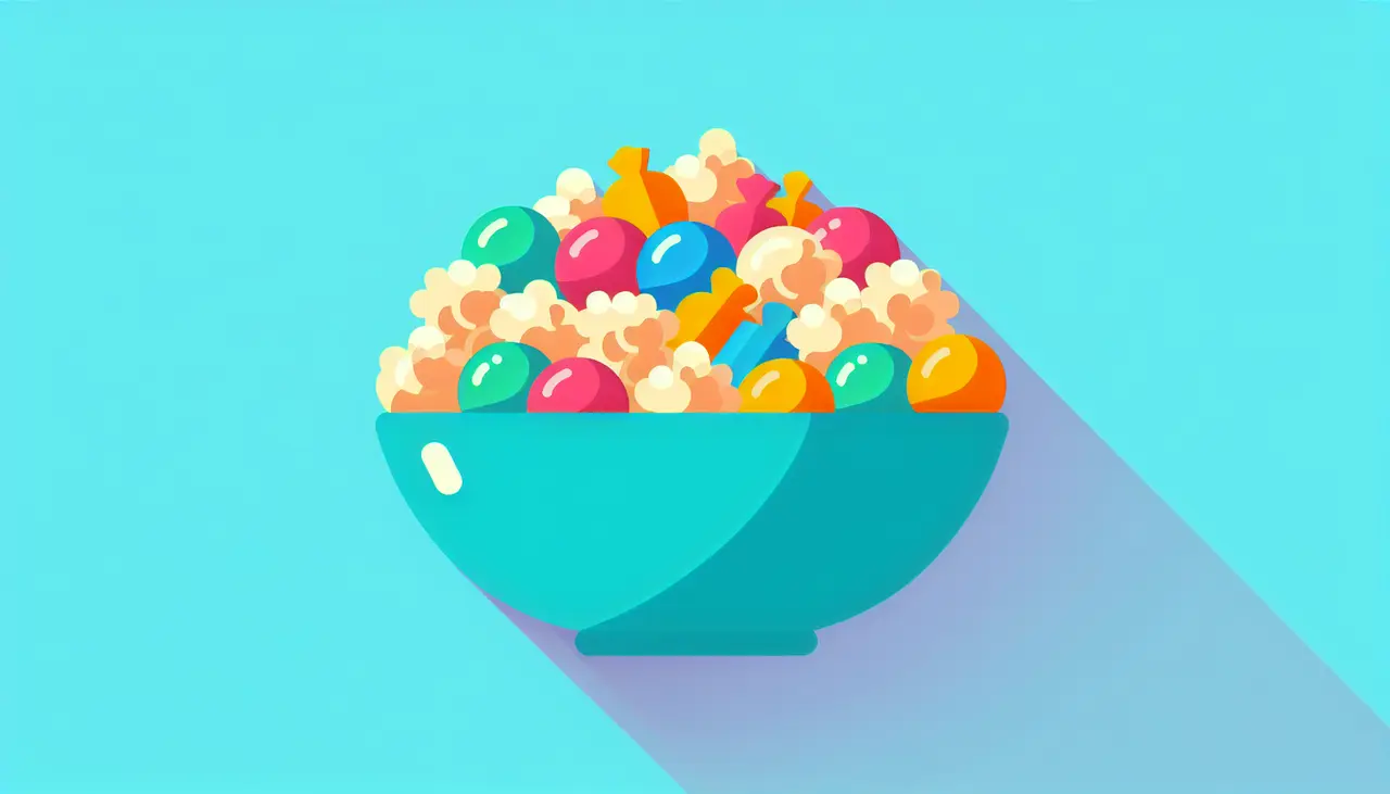 Draw a graphic in flat design style. A bowl of colorful popcorn with visible candy pieces in a minimalist, flat design style.