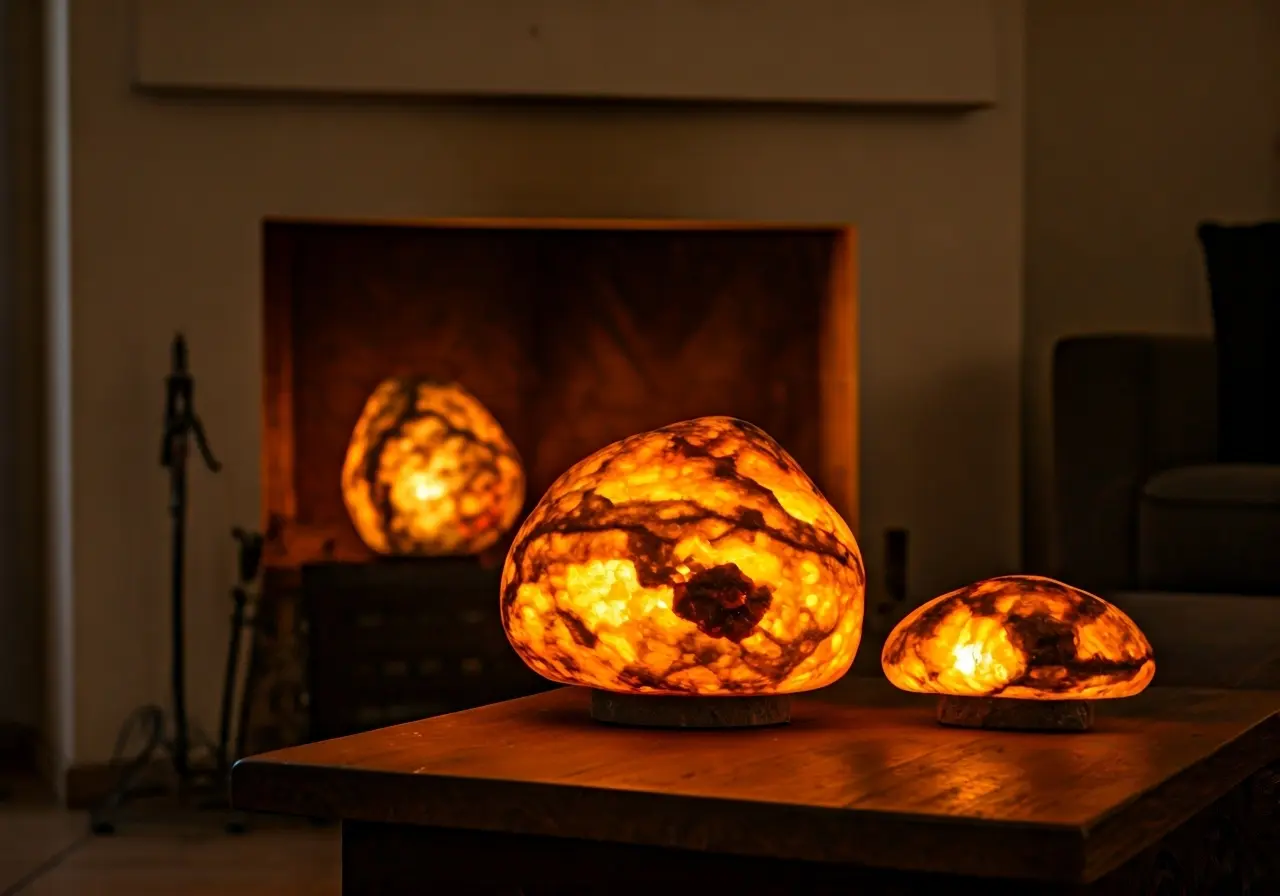 A cozy living room with glowing natural stone lamps. 35mm stock photo