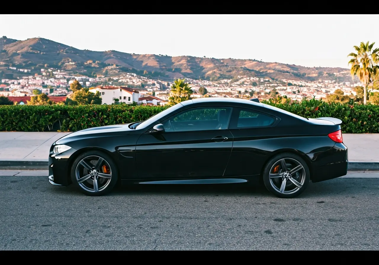 A sleek black car parked on a scenic Pasadena street. 35mm stock photo