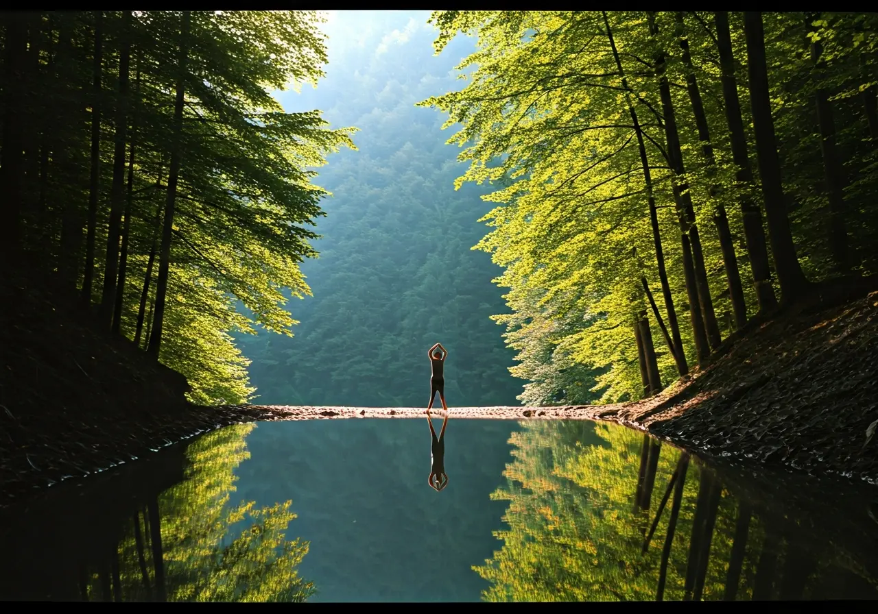 A peaceful nature scene with a person doing yoga. 35mm stock photo