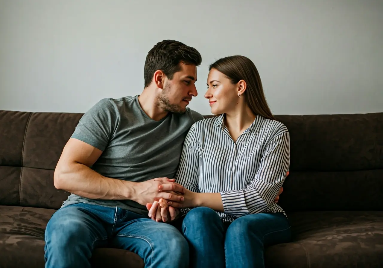 A couple sitting on a couch, holding hands. 35mm stock photo