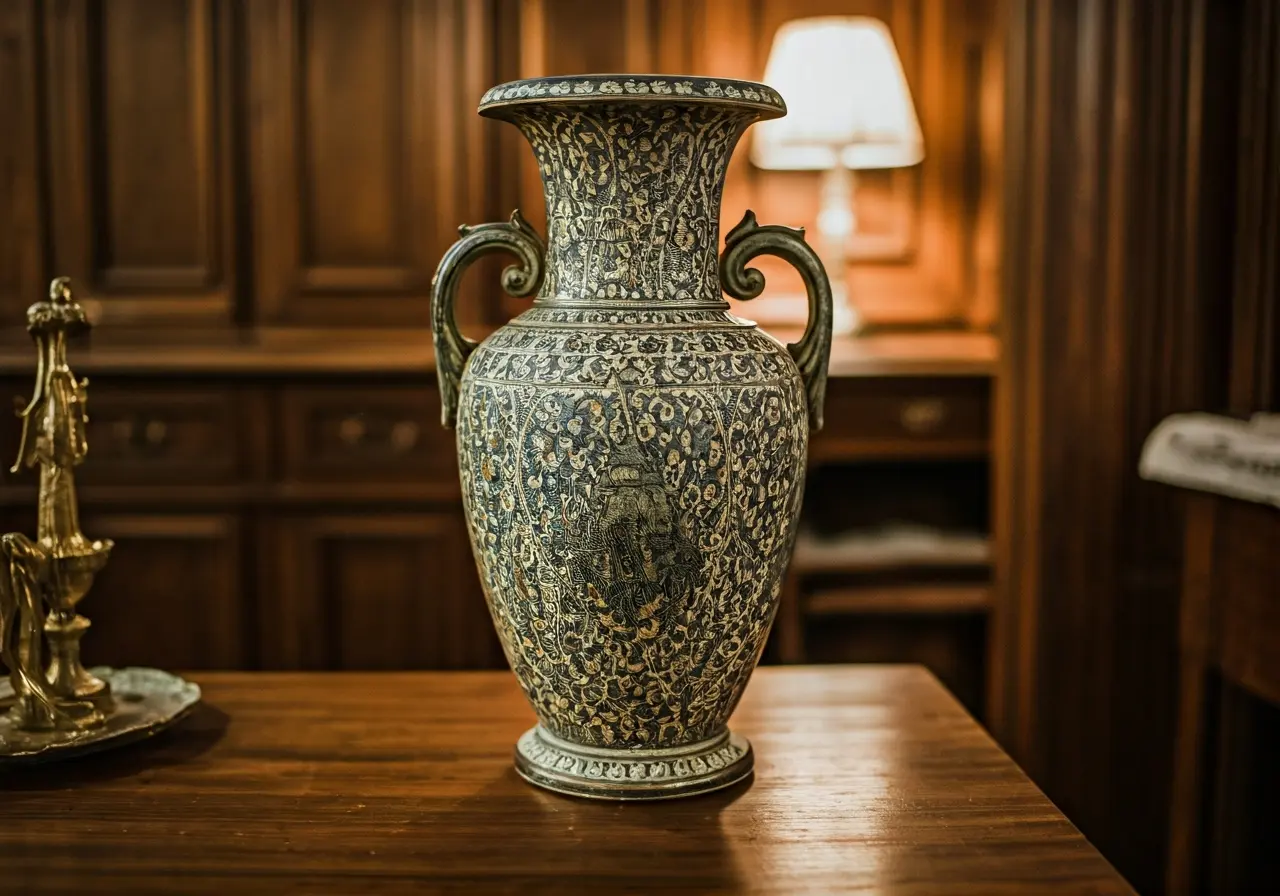 An elegant antique vase amidst vintage furniture and decor items. 35mm stock photo