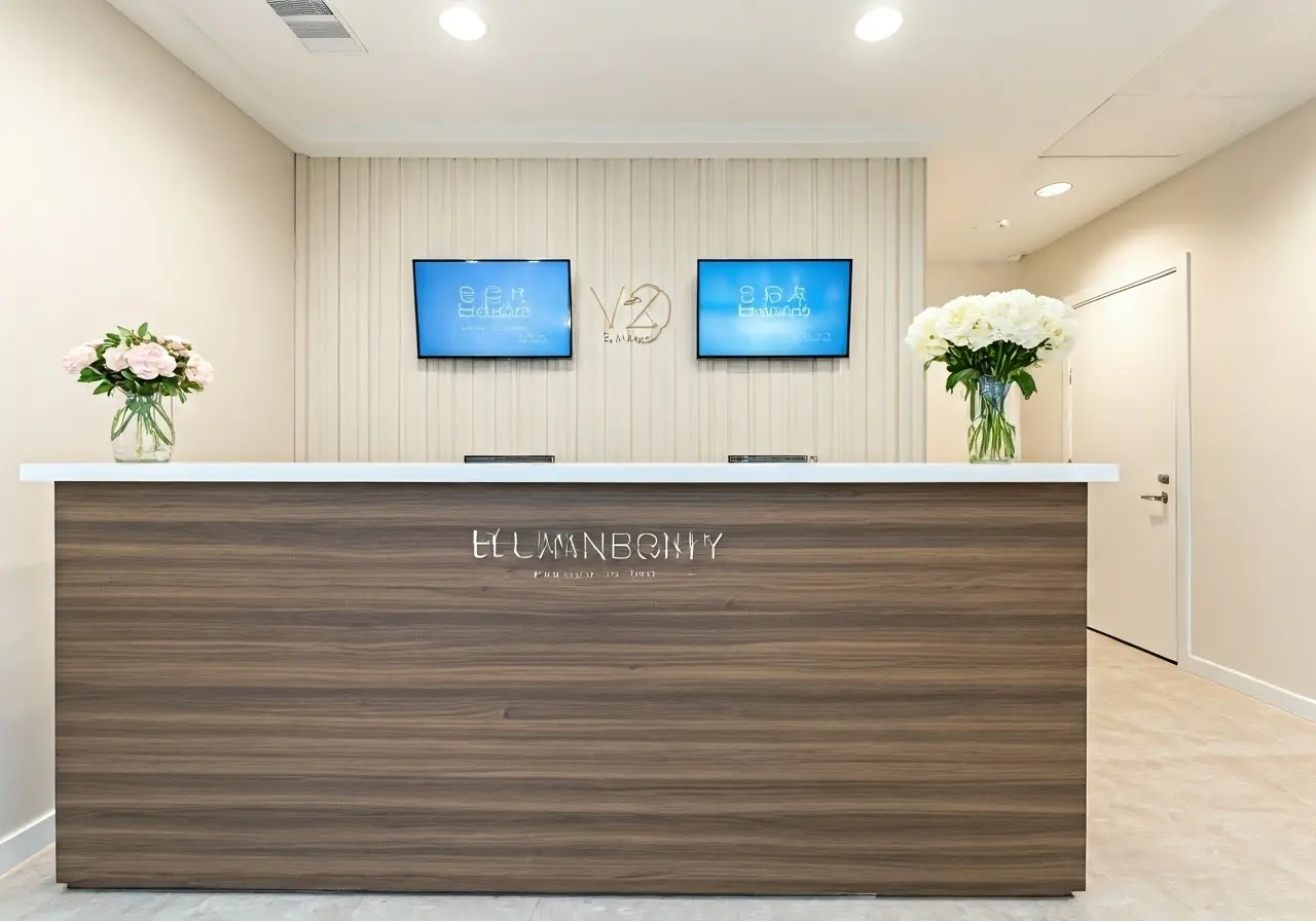 A clean, modern aesthetic clinic reception with digital screens. 35mm stock photo