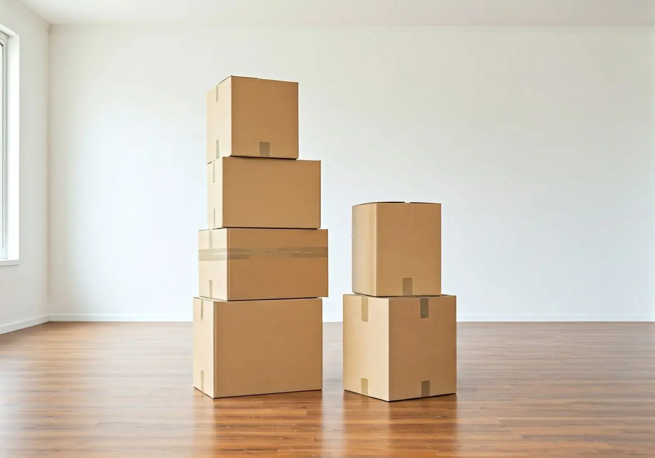 A stack of moving boxes in an empty living room. 35mm stock photo