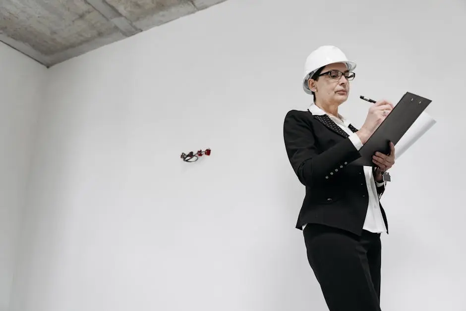 Businesswoman in formal attire with helmet inspecting a renovation project indoors.