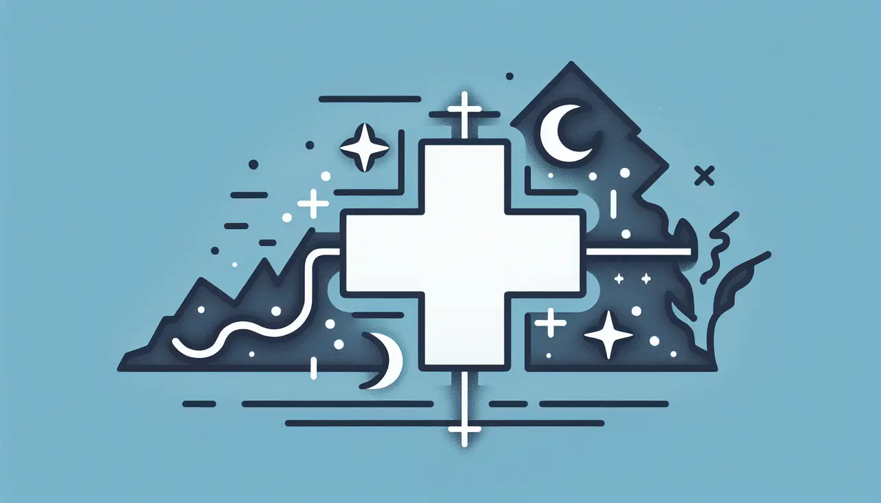 Draw a graphic in flat design style. A minimalist flat design illustration of a medical cross symbol with a crescent moon and star, set against an outline of the state of Virginia.