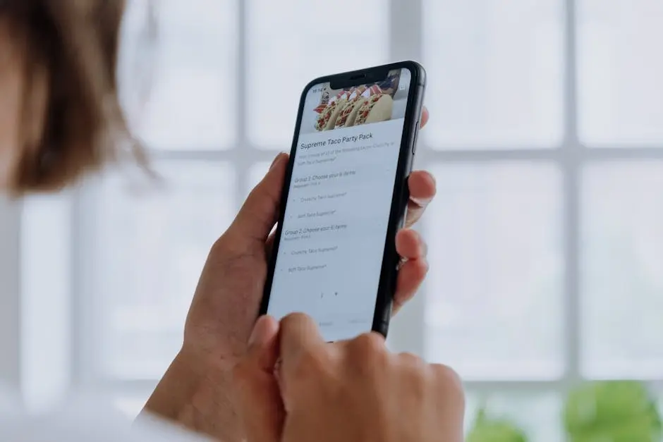 Close-up of hands using a smartphone to order food online through an app, showcasing modern technology.