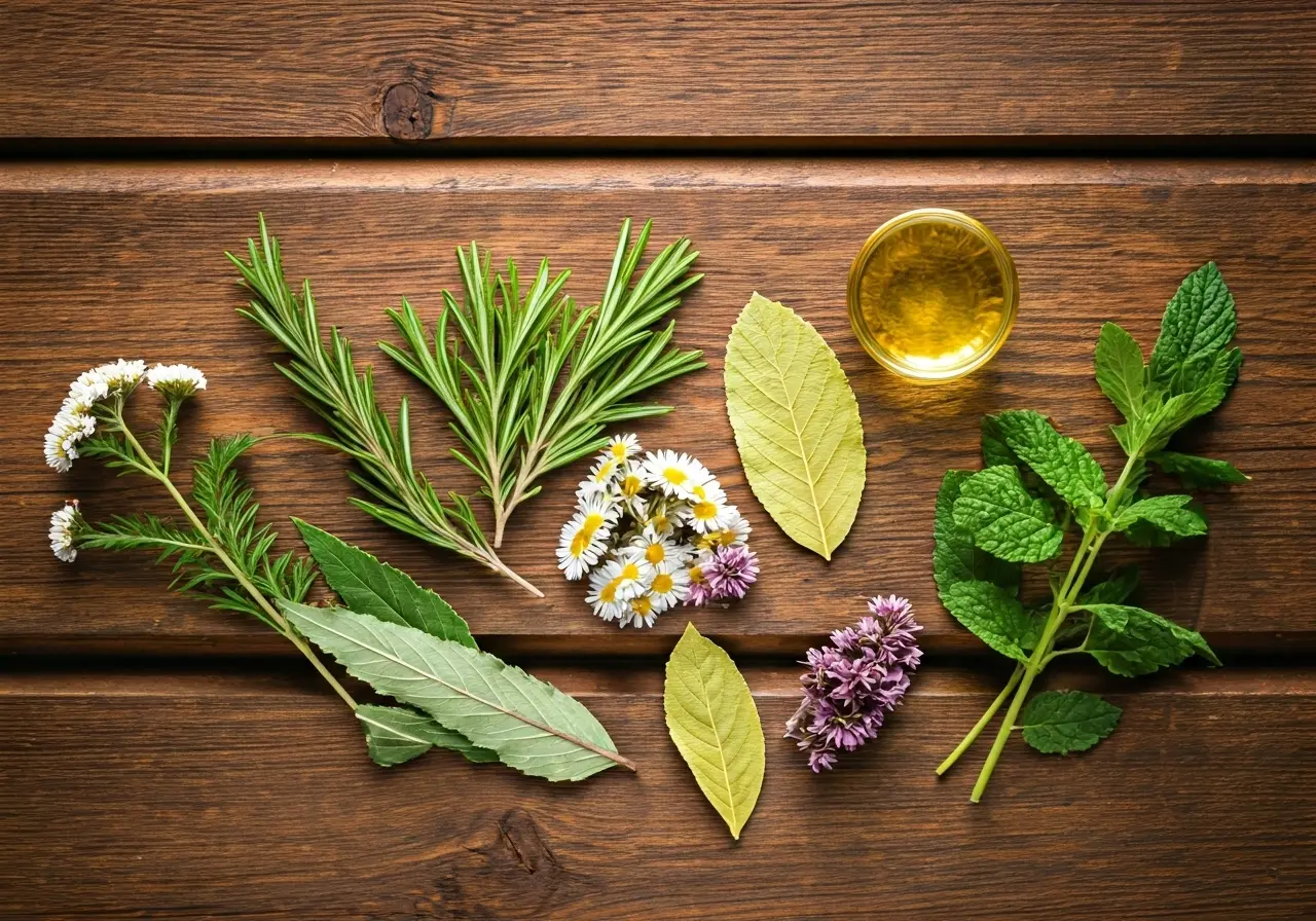 A variety of healing herbs displayed against a wooden background. 35mm stock photo