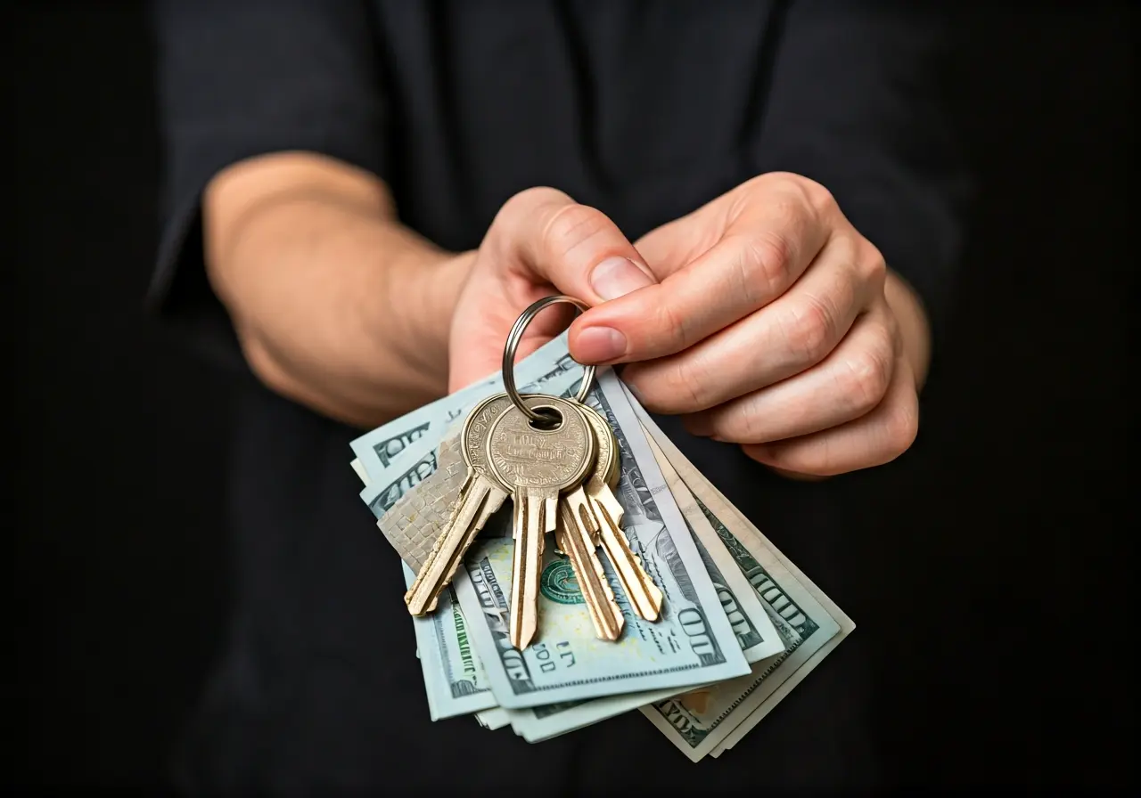 A hand holding a set of house keys with cash. 35mm stock photo