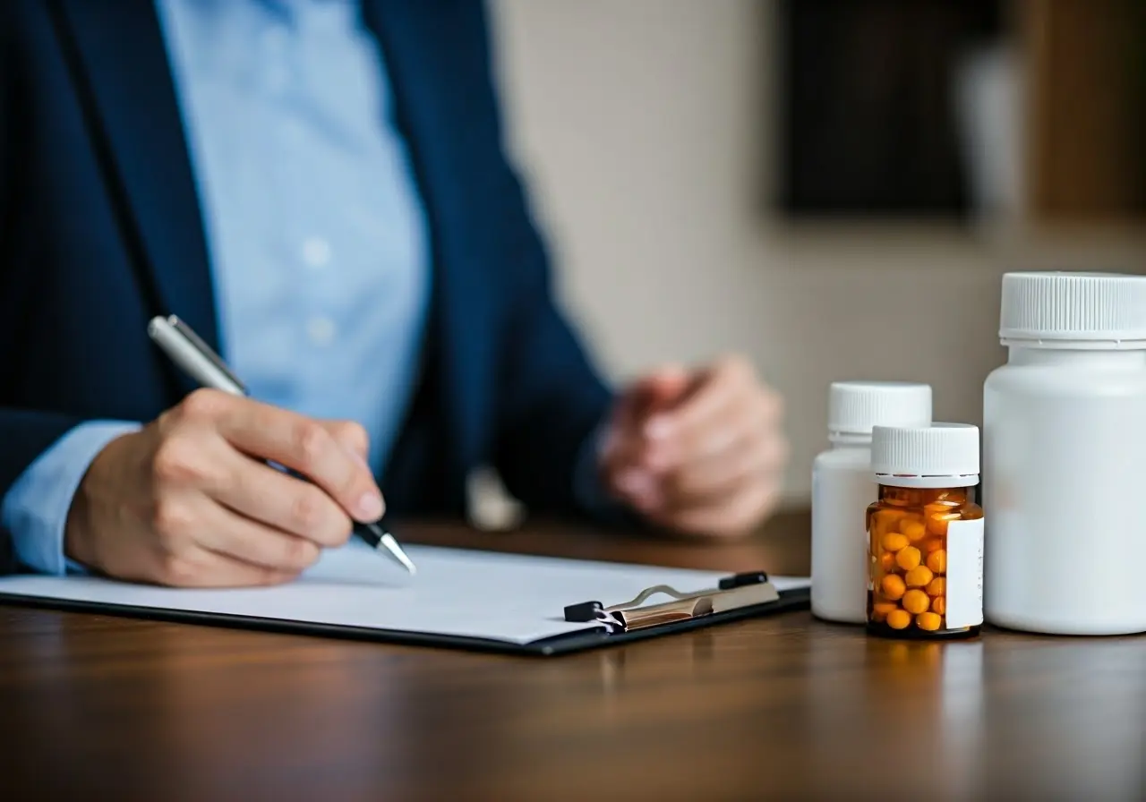 A therapist’s office with a clipboard and prescription bottles. 35mm stock photo