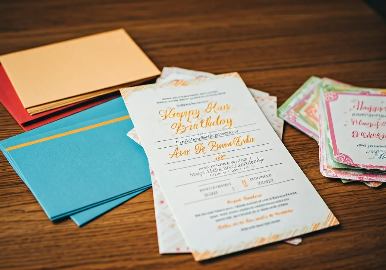 A colorful assortment of personalized birthday invitations on a table. 35mm stock photo