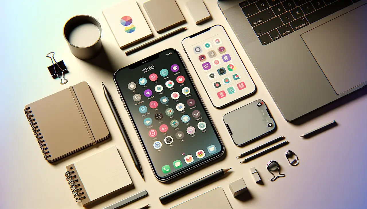 Draw a graphic in flat design style. A sleek smartphone displaying various app icons, surrounded by neatly organized tools like a laptop and notepad, set on a clean, minimalist desk.