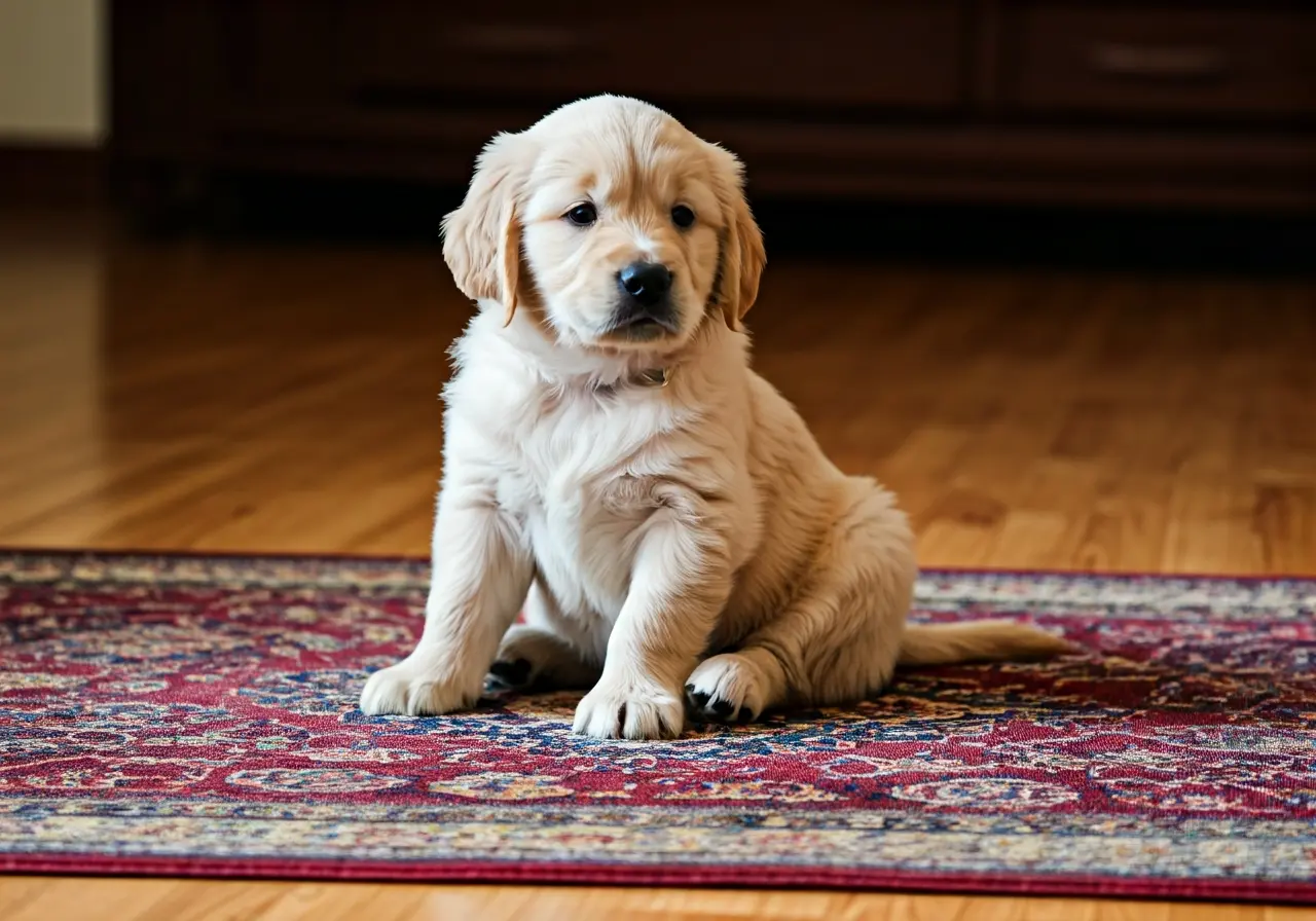 Golden retriever puppy sitting on a colorful patterned rug. 35mm stock photo