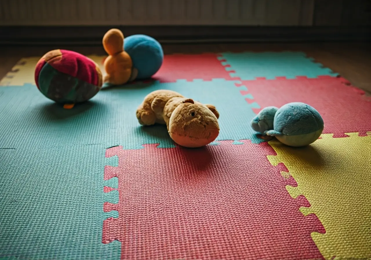 A colorful baby mat with soft toys scattered around. 35mm stock photo