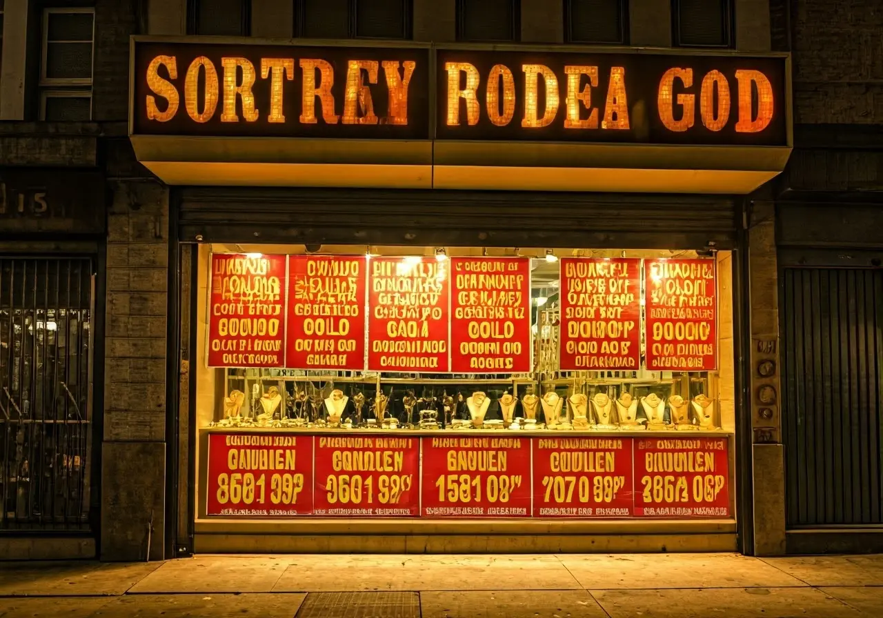 A storefront displaying gold jewelry and buyer advertisement signs. 35mm stock photo