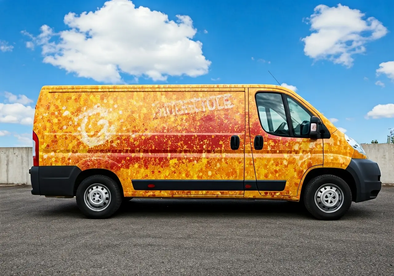 A vibrant delivery van with eye-catching promotional graphics. 35mm stock photo