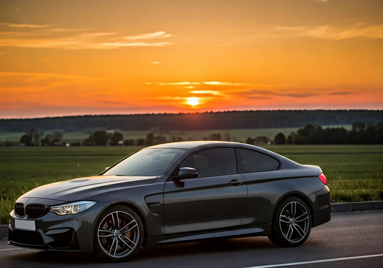 A sleek car with tinted windows reflecting a bright sunset. 35mm stock photo