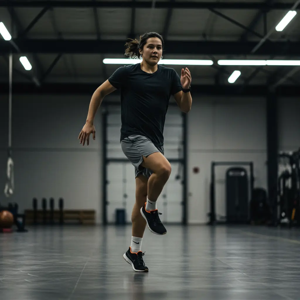 Person marching in place with raised knees indoors.