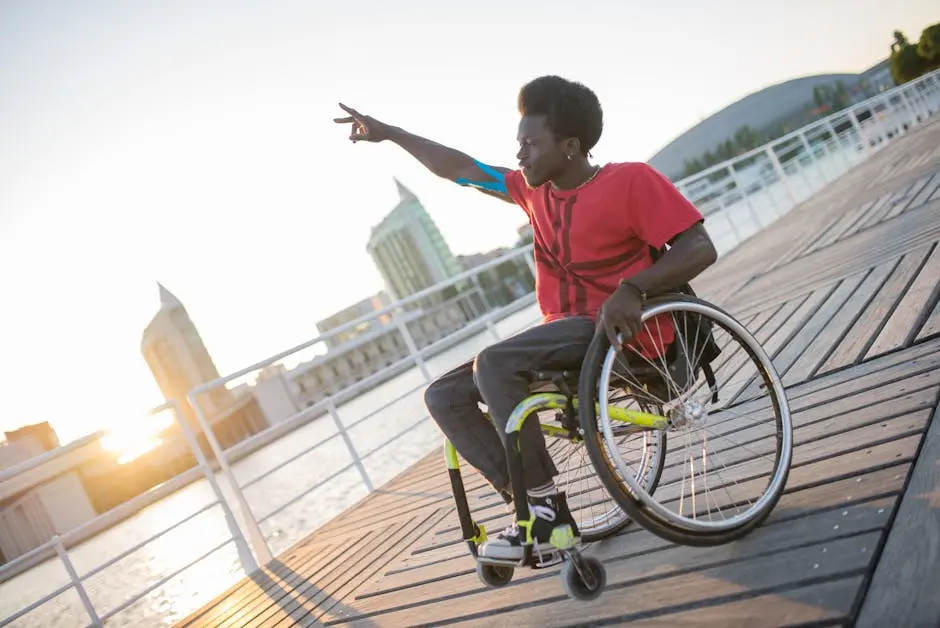 A man in a wheelchair enjoys the sunset on a scenic pier in Portugal.