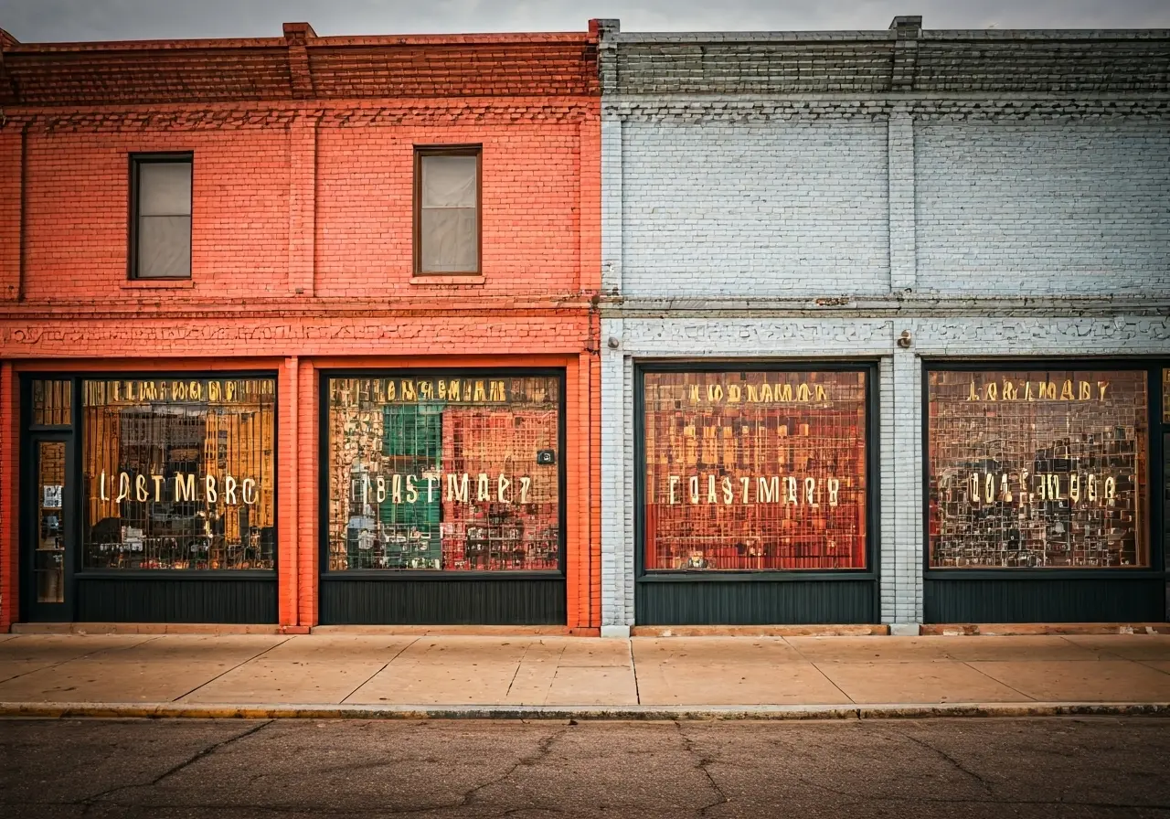 Colorful storefronts in Houston displaying Lostmary brand products. 35mm stock photo