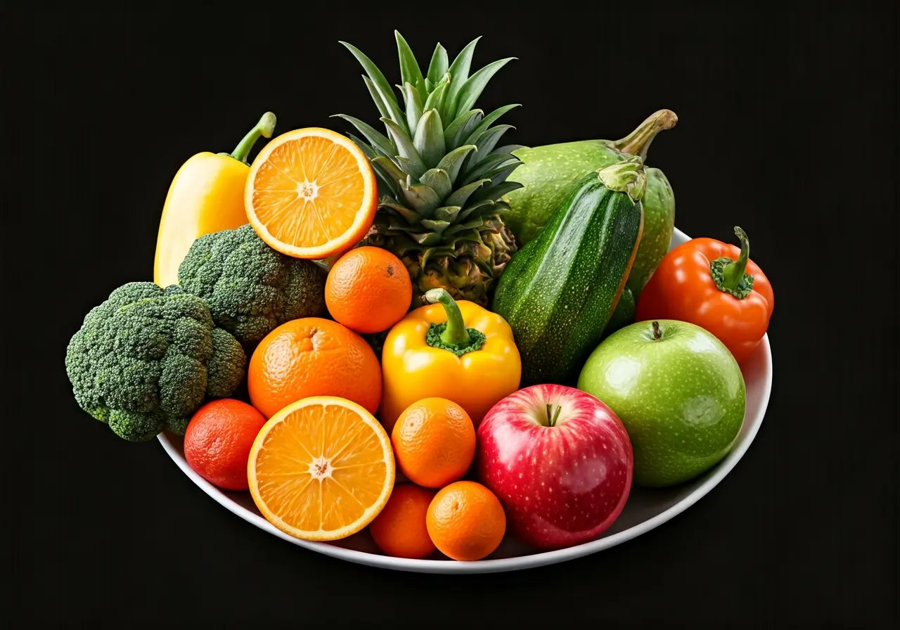 A vibrant bowl of assorted fresh fruits and vegetables. 35mm stock photo