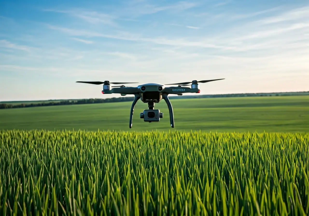 A drone hovering over a vast green agricultural field. 35mm stock photo