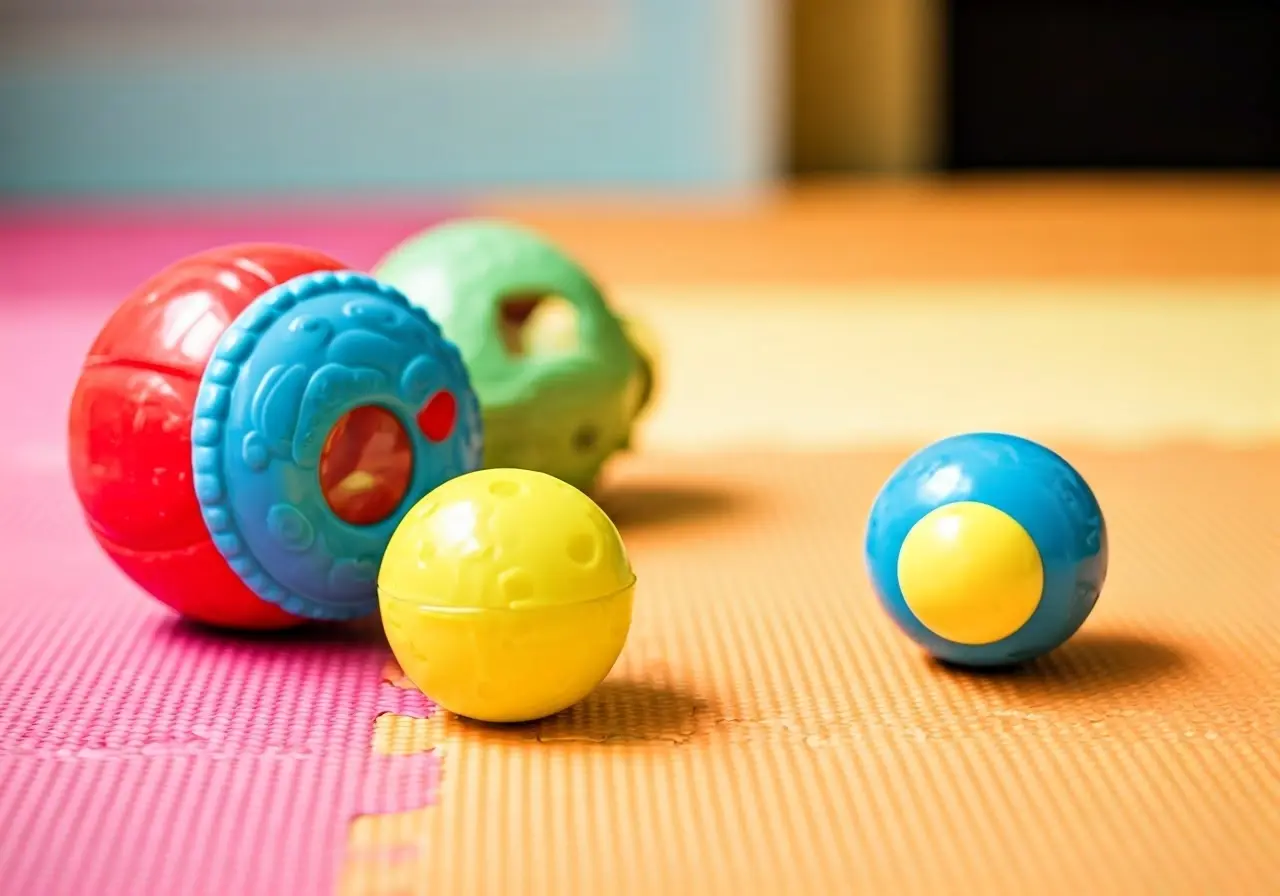 Colorful baby toys scattered on a soft play mat. 35mm stock photo