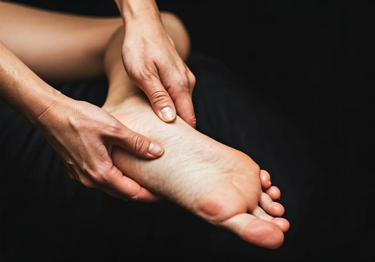 A close-up of a person massaging their tingling foot. 35mm stock photo