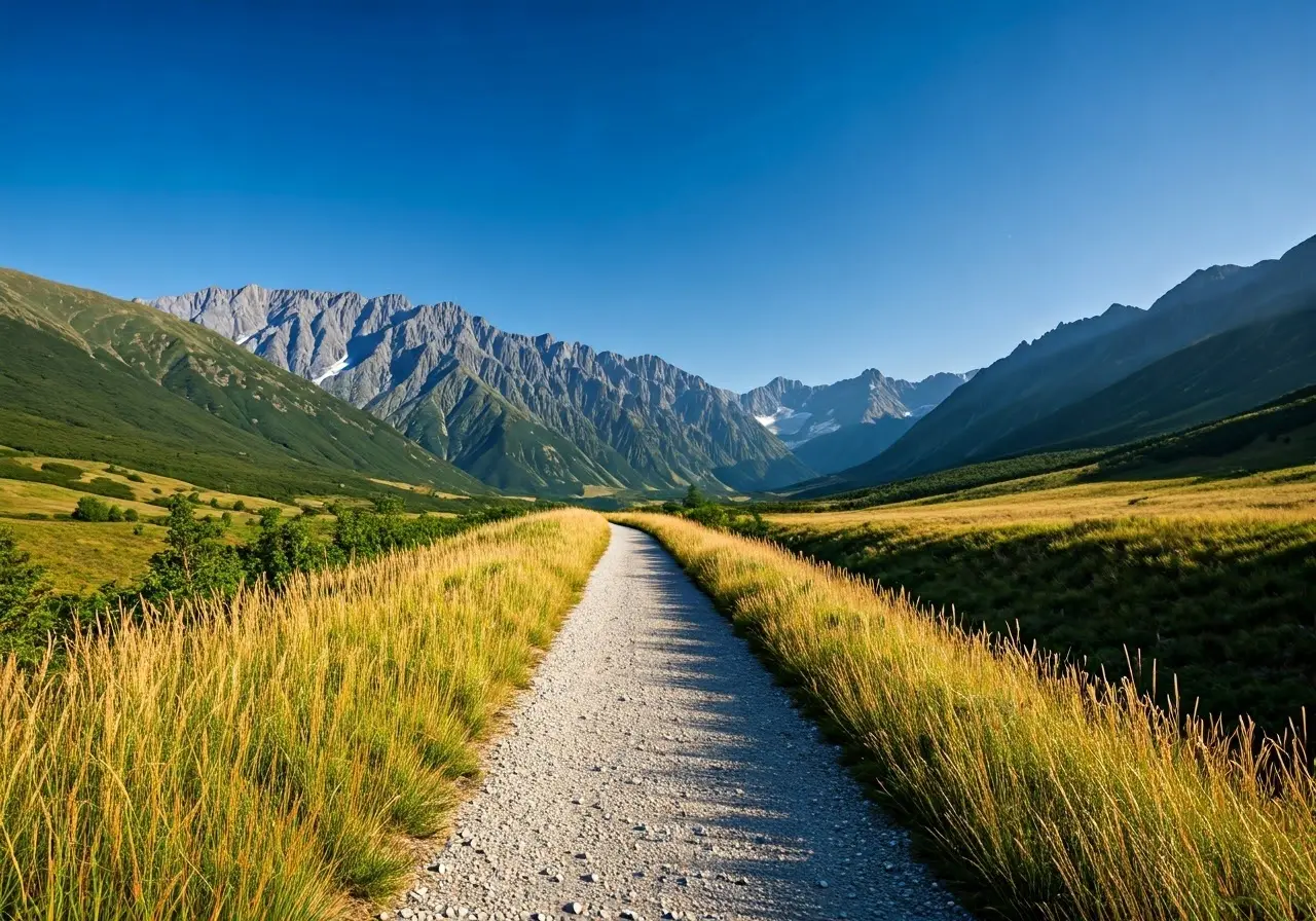 A serene mountain path symbolizing a recovery journey. 35mm stock photo