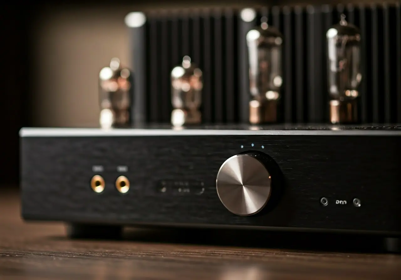 A close-up of a sleek modern audio amplifier system. 35mm stock photo
