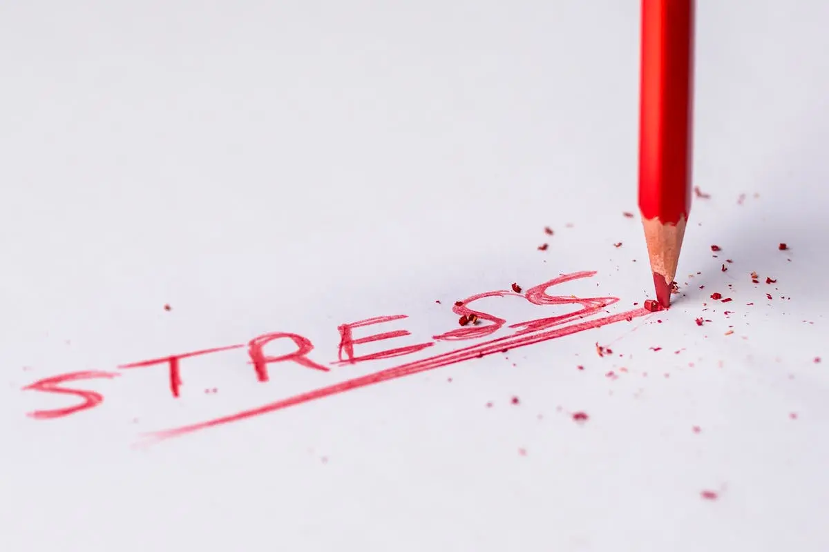 Close-up of a red pencil writing ‘stress’ on paper, symbolizing pressure and creativity.