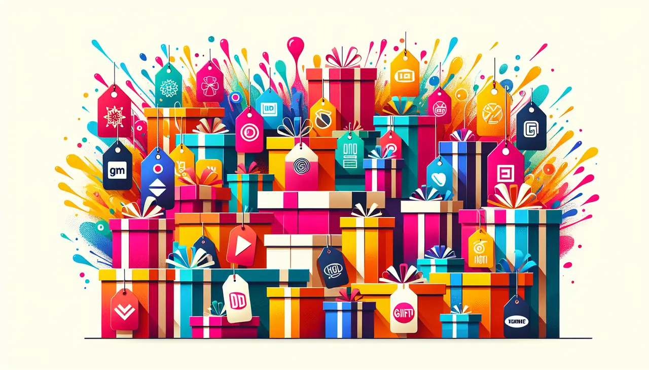Draw a graphic in flat design style. A tidy flat design illustration of multiple colorful gift boxes with decorative tags, each displaying different logos and corporate branding elements against a subtle festive Holi background with splashes of vibrant colors.