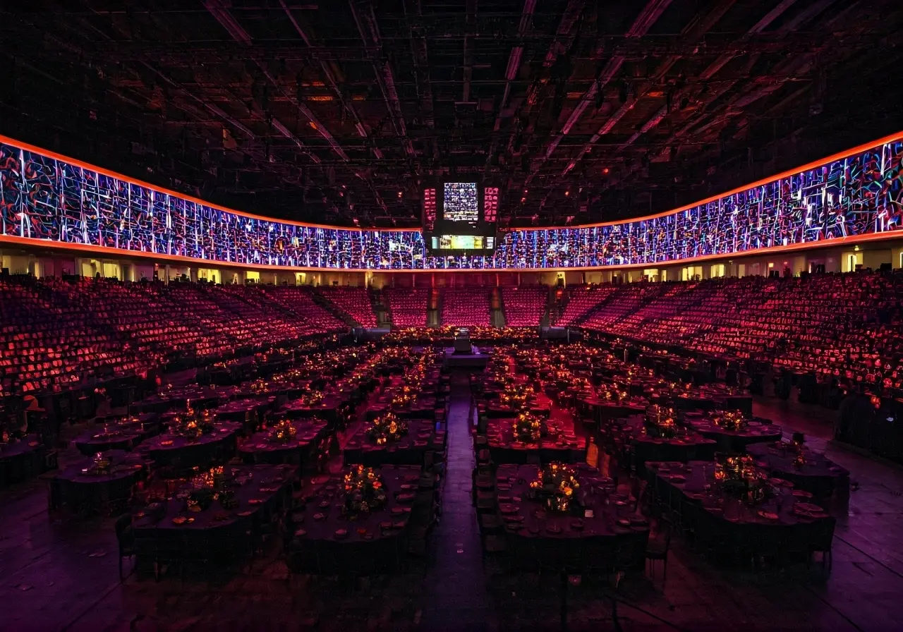 A bustling Las Vegas event venue with colorful lighting. 35mm stock photo