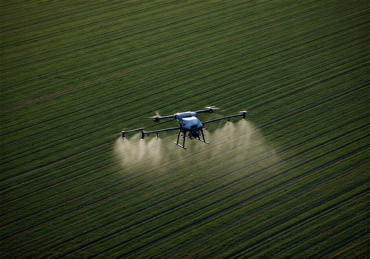 Aerial view of fields with DJI Agras T50 drone spraying. 35mm stock photo