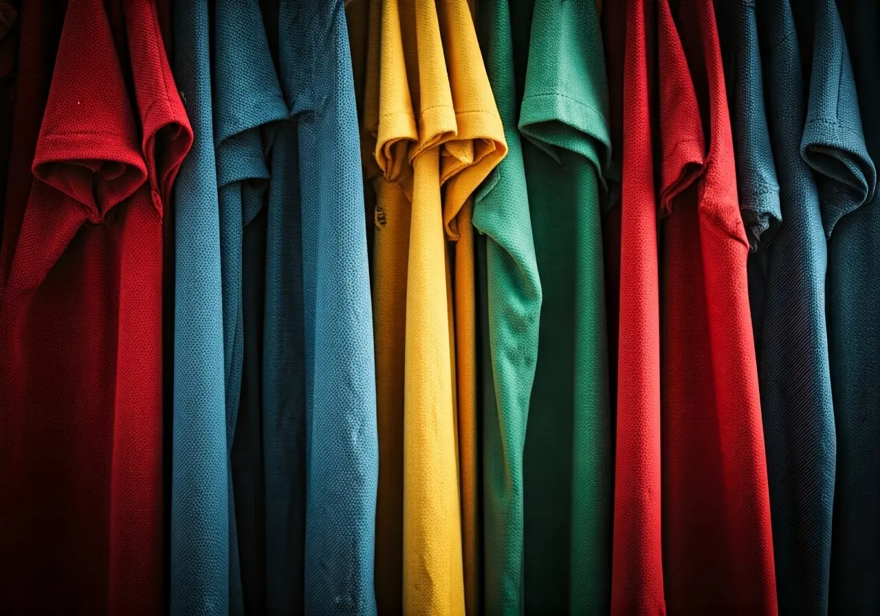 Colorful printed t-shirts with Christian symbols on display. 35mm stock photo