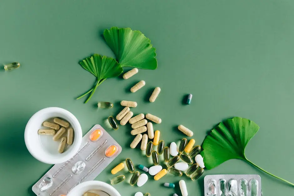 Flat lay of varied supplements and medicines with ginkgo leaves on green surface, showcasing a natural remedy concept.