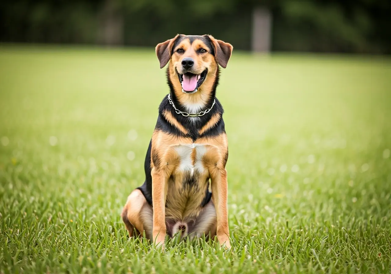 A happy dog sitting attentively in a training class. 35mm stock photo