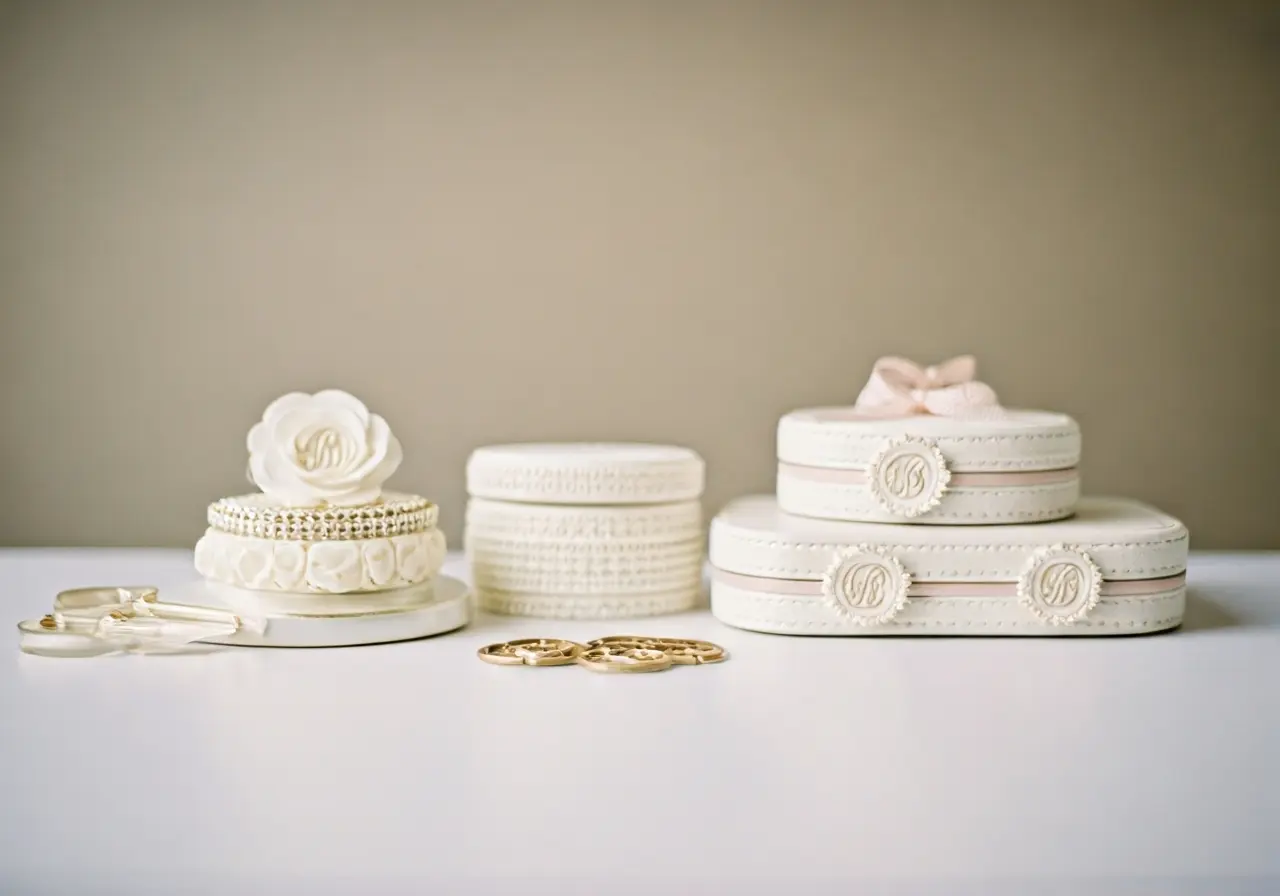 Elegant monogrammed bridal accessories arranged on a white table. 35mm stock photo